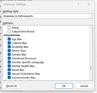 Screen shot of inclusive language selection in Word.